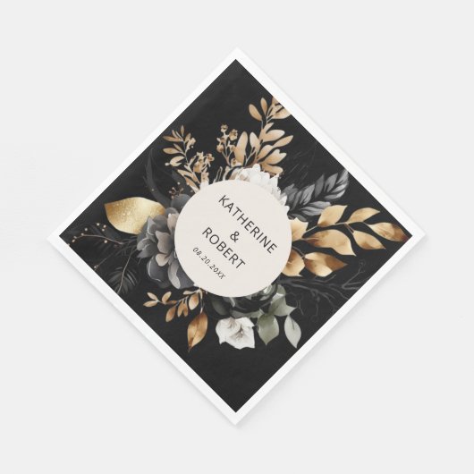 Serviette En Papier Papier Mariage floral noir et or (Coin)
