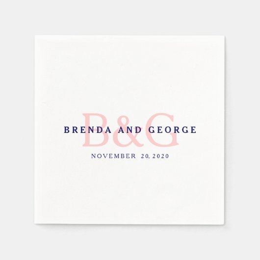Serviette En Papier Papier Mariage Monogramme bleu marine rose (Devant)