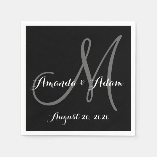 Serviette En Papier Papier Mariage Monogramme noir et blanc Napkin (Devant)