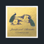 Serviette En Papier Papier Mariage Peacock Or<br><div class="desc">Peacocks or et bleu Romantique Mariage Papier serviettes. BlissfulWedding © à Zazzle. Deux beaux paons sur une bannière vintage et du texte dans une police bleu foncé sur un arrière - plan en feuille d'or (effet photo imprimé) avec initiales monogrammes, prénoms de mariée et de mariée et date de mariage,...</div>