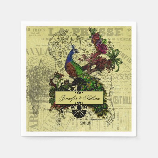 Serviette En Papier Papier Mariage personnalisé Peacock vintage (Devant)