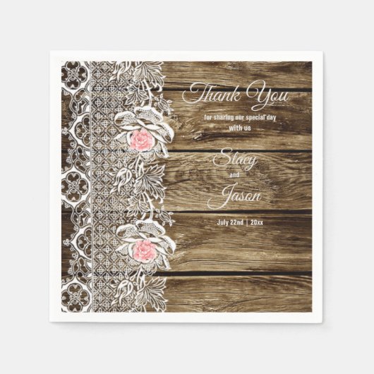 Serviette En Papier Papier Mariage rustique en bois et dentelle (Devant)