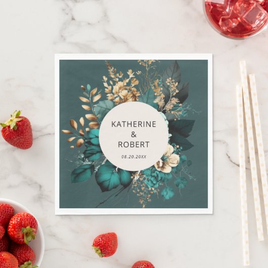 Serviette En Papier Papier Mariage turquoise et or (En situation)