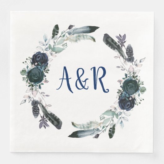 Serviette En Papier Papier Monogramme Bouquet bleu marine (Devant)