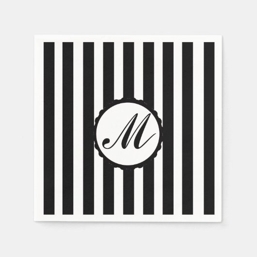 Serviette En Papier Papier Monogramme personnalisé noir rayé (Devant)