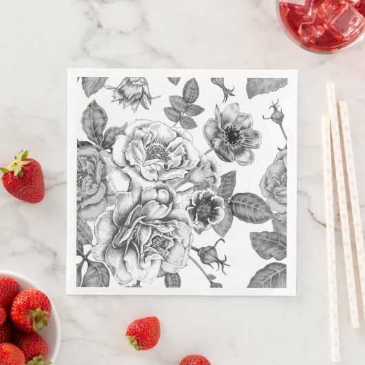Serviette En Papier Papier Motif noir et blanc Rose (En situation)