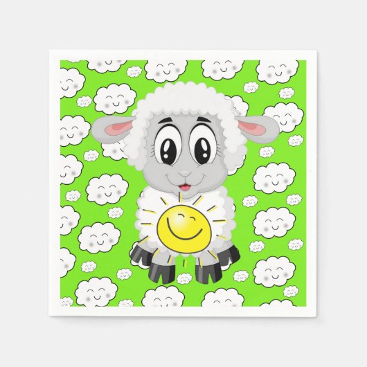 Serviette En Papier Papier, Moutons Nuages Soleil Vert (Devant)