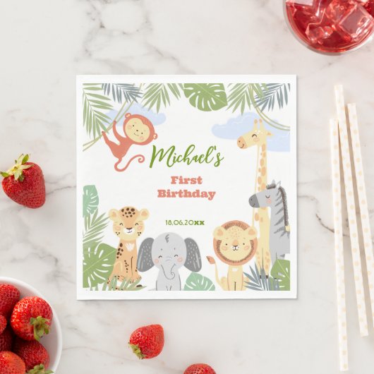 Serviette En Papier Papier Napkin 1er anniversaire avec animaux mignon (En situation)