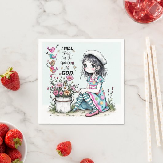 Serviette En Papier Papier Napkin mignonne fille Whimsy avec des oisea (En situation)