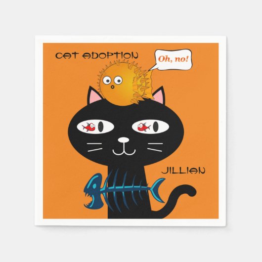 Serviette En Papier Papier Napkins, Chat Noir Poisson Bones Adoption C (Devant)