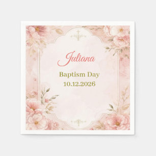Serviette En Papier Papier pour baptême croix dorée florale rose