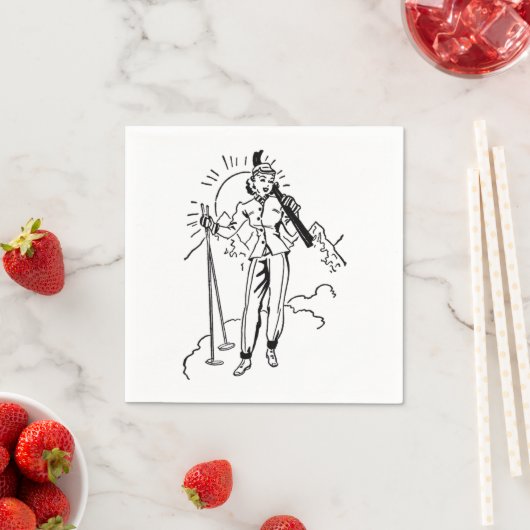 Serviette En Papier Papier Retro Lady Skier Napkin (En situation)