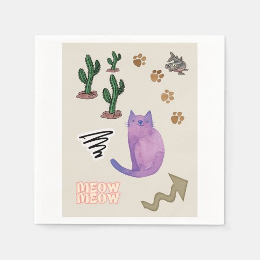 Serviette En Papier Papier serviettes, chat poisson Cactus pattes Meow (Devant)