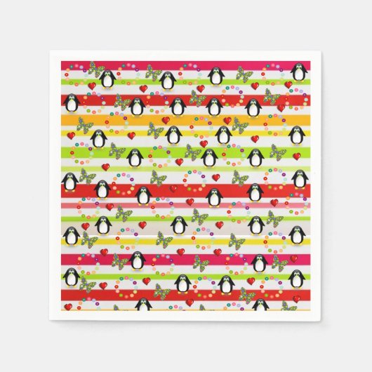 Serviette En Papier Papier serviettes, Coeurs rouges pingouins rayures (Devant)