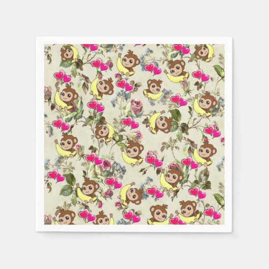 Serviette En Papier Papier serviettes, singes Bananes Coeurs roses Flo (Devant)