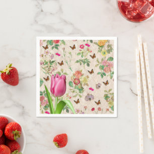 Serviette En Papier Papier, Tulipe rose Coeurs floraux Papillon
