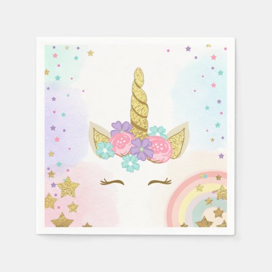 Serviette En Papier Papier Unicorne Napkin rose or magique Anniversair (Devant)