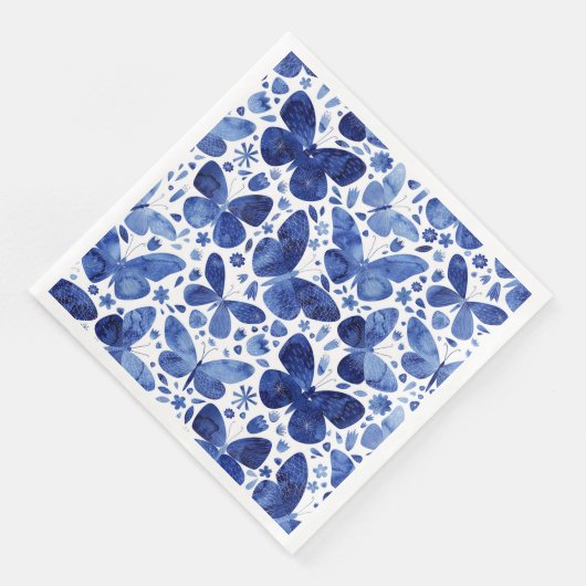 Serviette En Papier Papillon Aquarelle Bleu et Motif blanc (Coin)