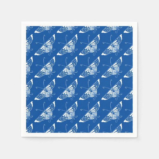 Serviette En Papier Papillon Art déco stylisé, bleu cobalt et blanc (Devant)
