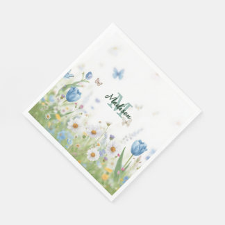 Serviette En Papier Papillon bleu de fleur de fleur sauvage coloré élé