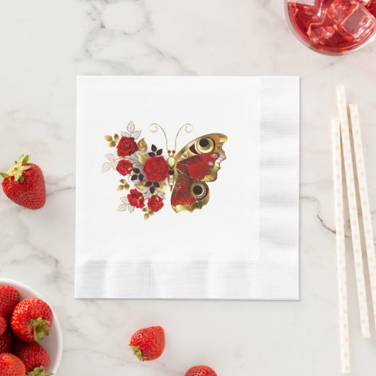 Serviette En Papier Papillon de fleurs rouges aux roses rouges (En situation)