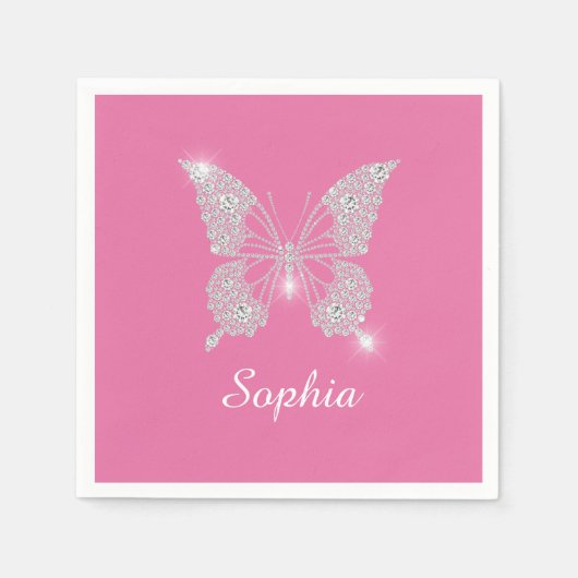Serviette En Papier Papillon Diamant Blanc, Nom du script, Rose (Devant)