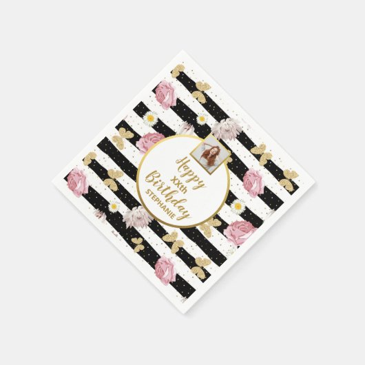 Serviette En Papier Papillon Floral Anniversaire Personnalisé avec Pho (Coin)