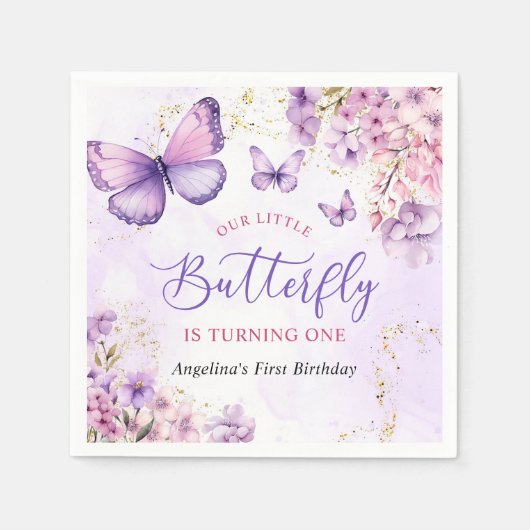 Serviette En Papier Papillon floral pourpre et or 1er anniversaire (Devant)