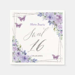 Serviette En Papier Papillon floral violet Lilac Sweet sixteen argenté