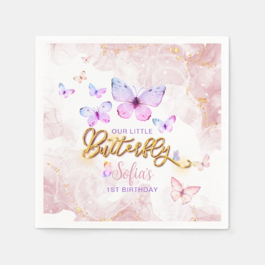 Serviette En Papier Papillon premier anniversaire fille 1er rose viole (Devant)