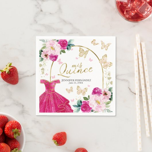 Serviette En Papier Papillon rose chaud Quinceanera Napkins (En situation)