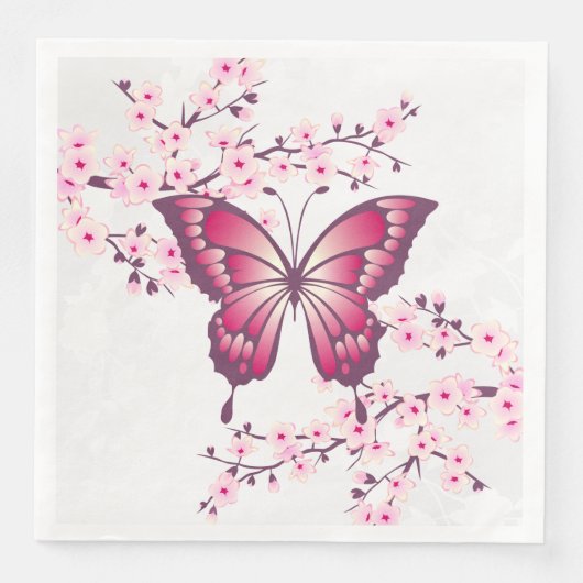 Serviette En Papier Papillon Rose Et Fleur De Cerise (Devant)