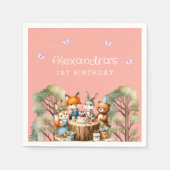 Serviette En Papier Papillon rose Fille Bois Animaux 1er anniversaire (Devant)