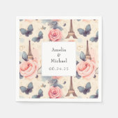 Serviette En Papier Papillon Tour Eiffel et Mariage Motif Rose (Devant)