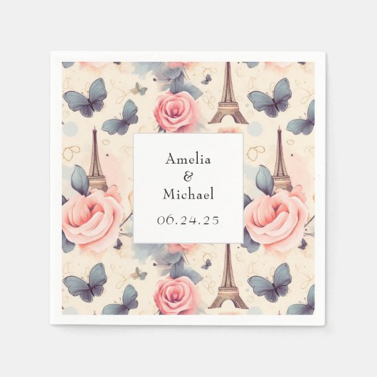 Serviette En Papier Papillon Tour Eiffel et Mariage Motif Rose (Devant)