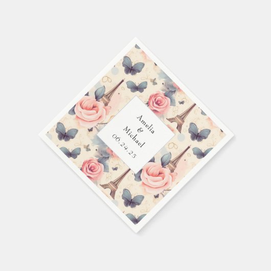 Serviette En Papier Papillon Tour Eiffel et Mariage Motif Rose (Coin)