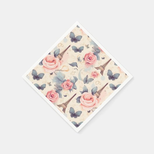 Serviette En Papier Papillon Tour Eiffel et Motif Rose (Coin)