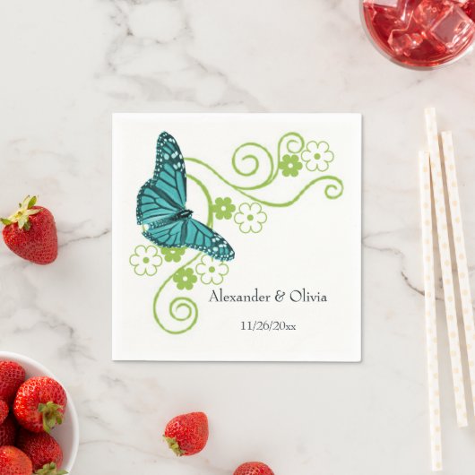 Serviette En Papier Papillon turquoise Fête des mariées florale servie (En situation)