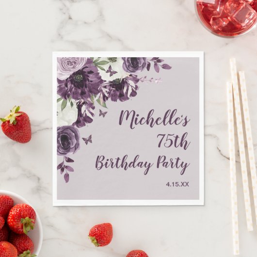 Serviette En Papier Papillons aux fleurs blanches violettes 75e annive (En situation)