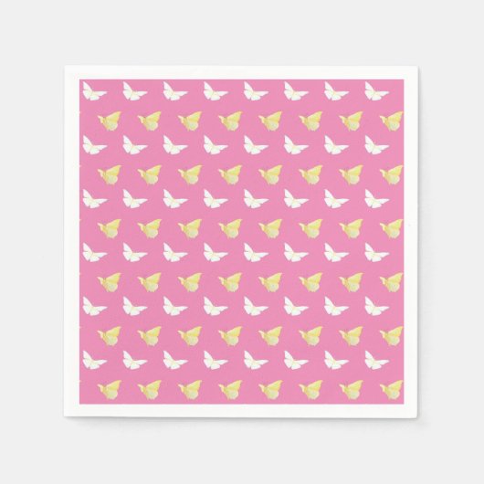 Serviette En Papier Papillons blancs et jaunes clairs volant rose (Devant)