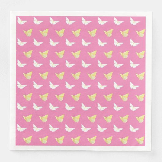 Serviette En Papier Papillons blancs et jaunes clairs volant rose (Devant)