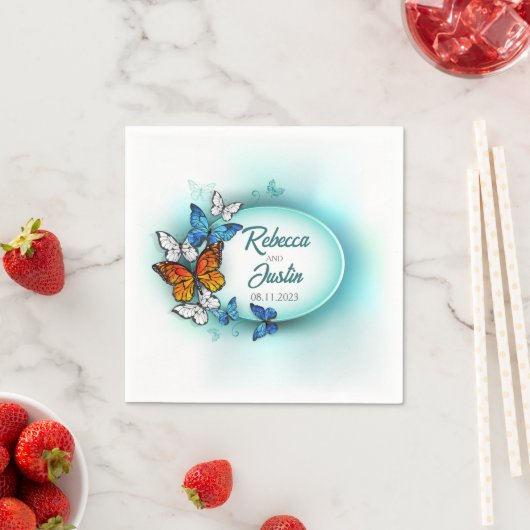 Serviette En Papier Papillons bleus et oranges Serviettes de sauce mod (En situation)