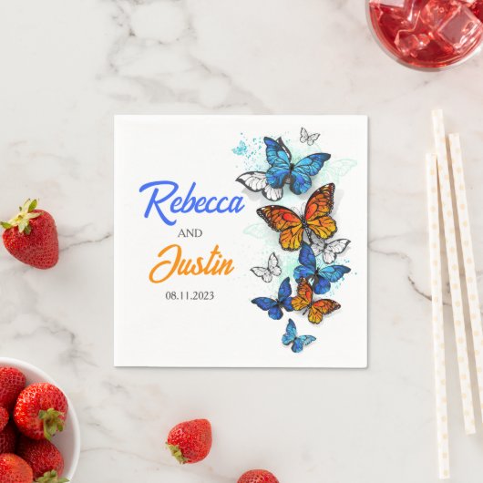 Serviette En Papier Papillons bleus et oranges Serviettes de sauce mod (En situation)