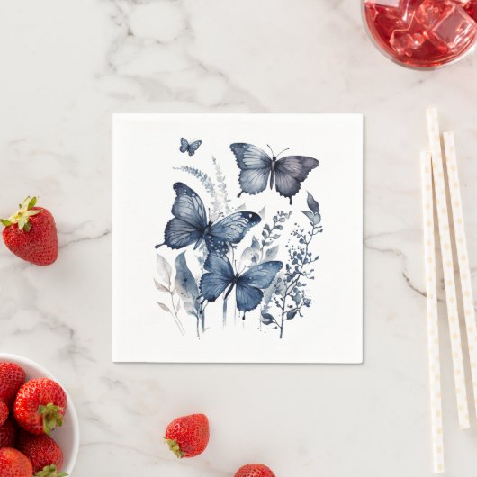 Serviette En Papier Papillons d'art Delft bleu et blanc avec fleurs (En situation)