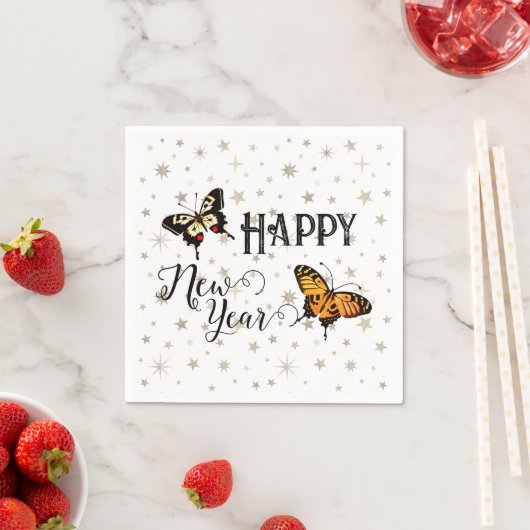 Serviette En Papier Papillons Élégants & Étoiles Blanc Bonne année (En situation)