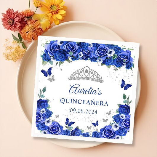 Serviette En Papier Papillons en argent bleu Floral Quinceanera Napkin