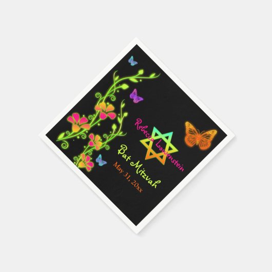 Serviette En Papier Papillons en néon & Fleurs Bat mitzvah serviettes (Coin)