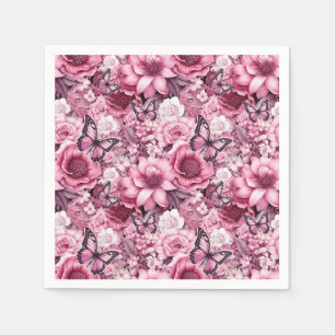 Serviette En Papier Papillons et Fleurs dans des tons roses variés