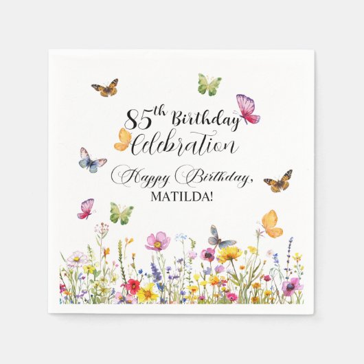 Serviette En Papier Papillons et Fleurs sauvages Élégant 85e anniversa (Devant)