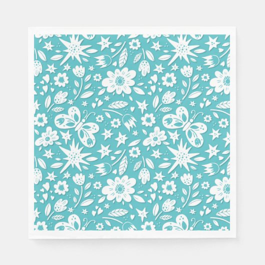 Serviette En Papier Papillons Et Fleurs Sur Aqua (Devant)